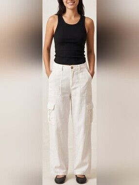 Forever 21 Women's Rayon/Linen Cargo Pants Off White Straight Leg S Fits XS